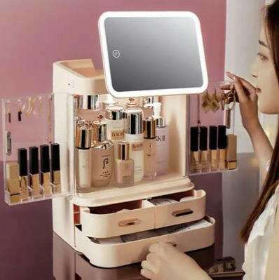 Rangement cosmétique avec miroir LED et compartiments pour maquillage et accessoires