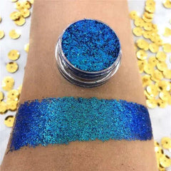 Fard à paupières caméléon bleu scintillant avec dégradé brillant appliqué sur la peau