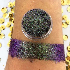 Pot de fard à paupières caméléon pailleté avec couleur changeante sur peau