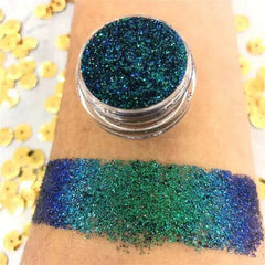 Fard à paupières caméléon pailleté bleu et vert appliqué sur la peau avec pot transparent