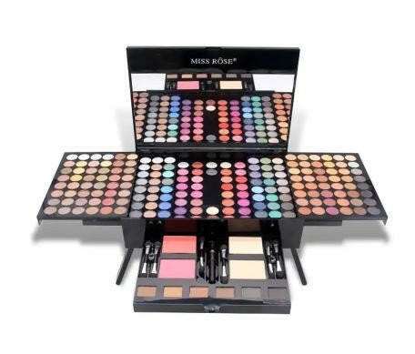 Coffret maquillage complet avec palettes de fards colorés, blushs, pinceaux et miroir intégré
