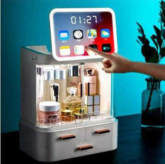 Rangement cosmétique avec miroir LED intégrant un écran tactile et espace de stockage pour produits de beauté