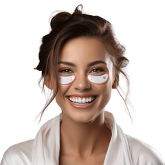 Femme souriante avec patchs pour soin des yeux pour femmes sous les yeux sur fond noir